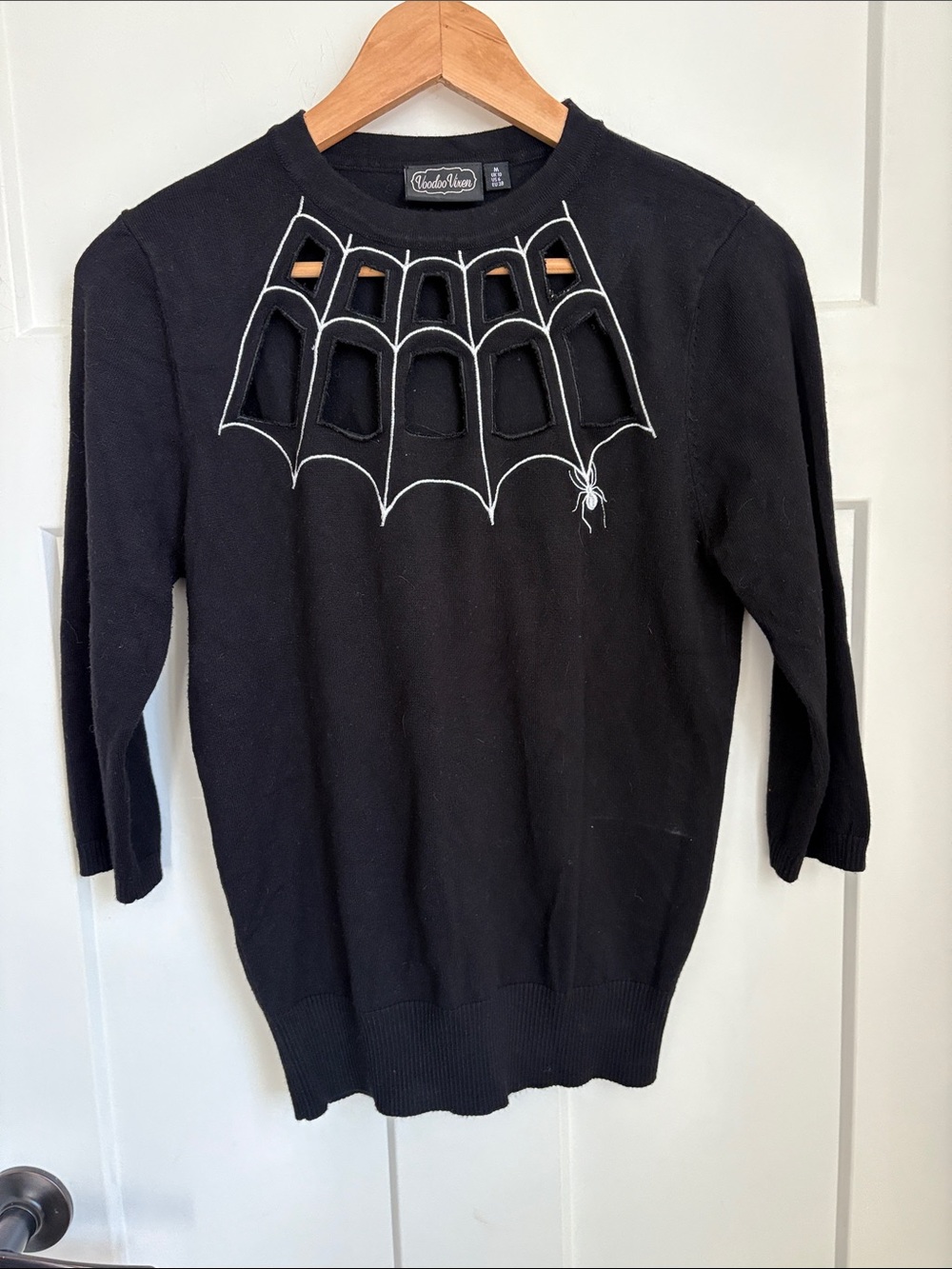 Voodoo Vixen Black Crewneck Sweater with Spiderweb Cutout